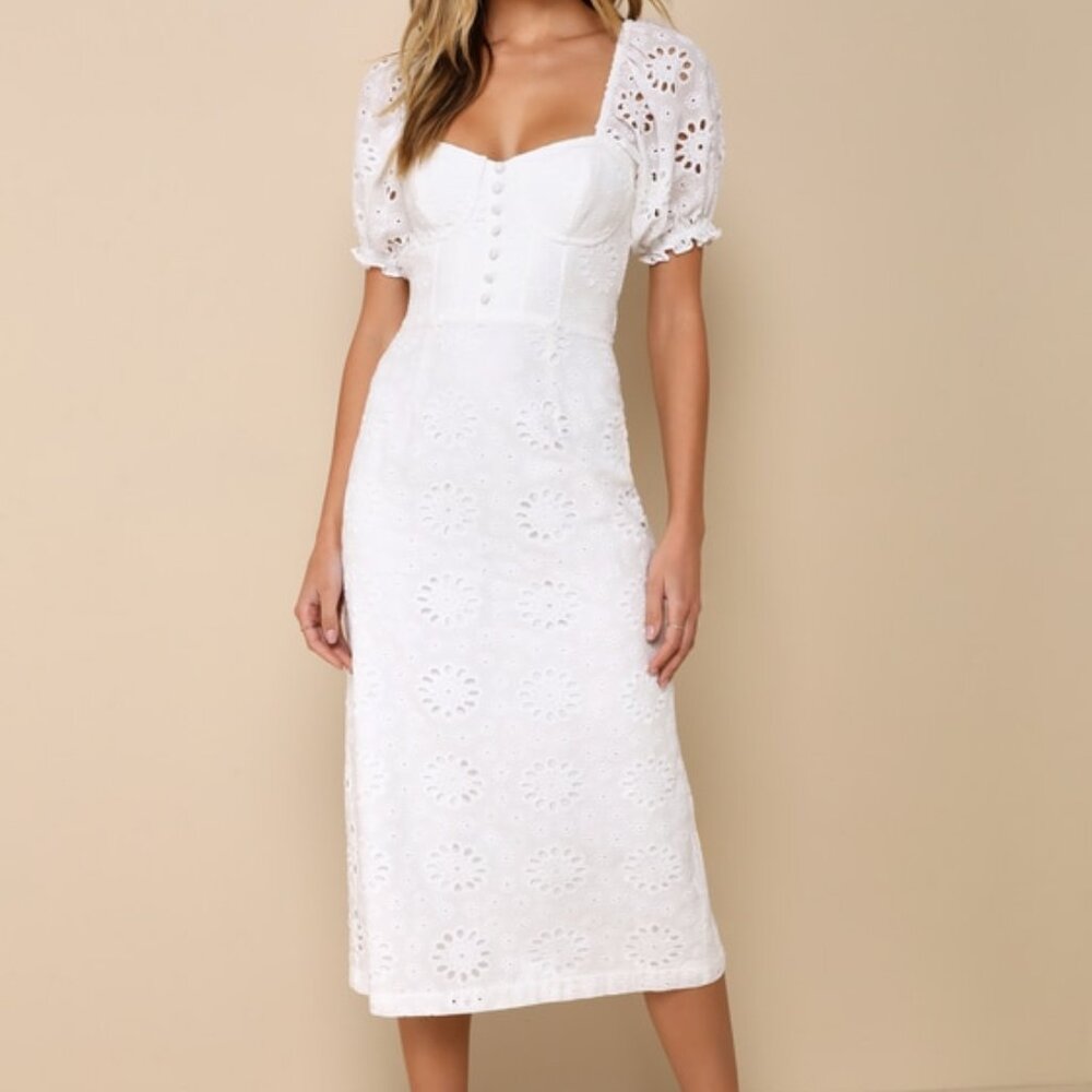 Lulus Darling Status White Eyelet Puff Sleeve Bustier Midi Dress - Size M